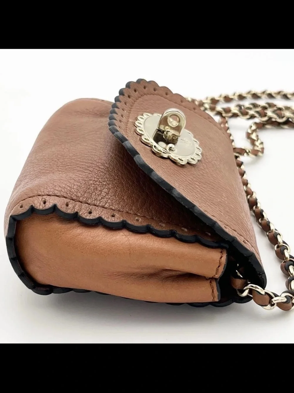 Mulberry Tan Leather Scalloped Flap Crossbody with Chain Strap